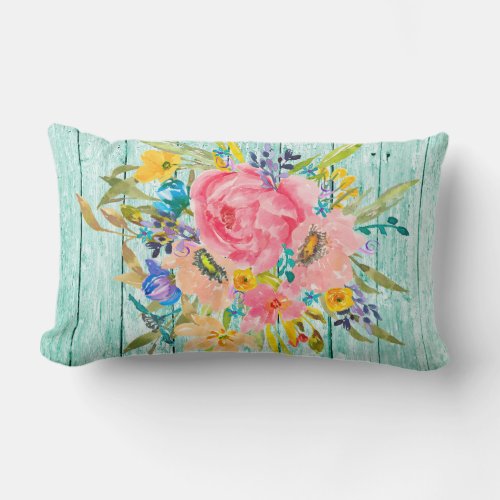 Watercolor Rose Floral Spray on Chippy Aqua Lumbar Pillow
