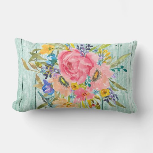 Watercolor Rose Floral Spray on Chippy Aqua Lumbar Pillow