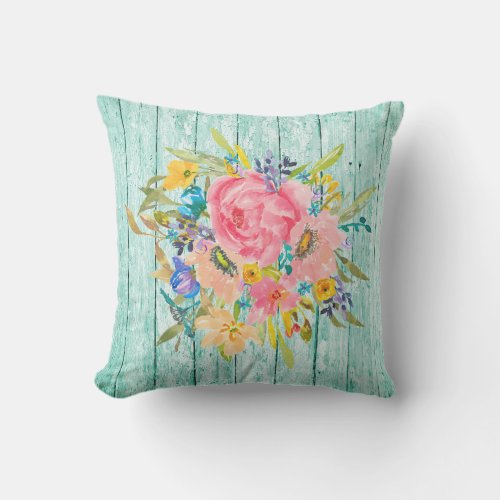 Watercolor Rose Floral Spray on Chippy Aqua Outdoor Pillow