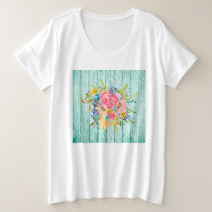 Watercolor Rose Floral Spray on Chippy Aqua Plus Size T-Shirt