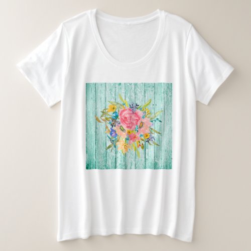Watercolor Rose Floral Spray on Chippy Aqua Plus Size T_Shirt