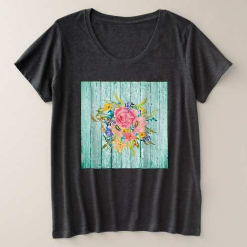 Watercolor Rose Floral Spray on Chippy Aqua Plus Size T_Shirt
