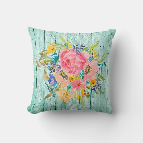 Watercolor Rose Floral Spray on Chippy Aqua Throw Pillow