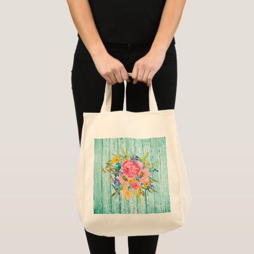 Watercolor Rose Floral Spray on Chippy Aqua Tote Bag