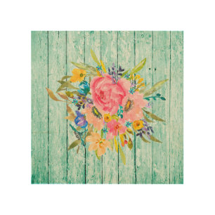 Watercolor Rose Floral Spray on Chippy Aqua Wood Wall Art