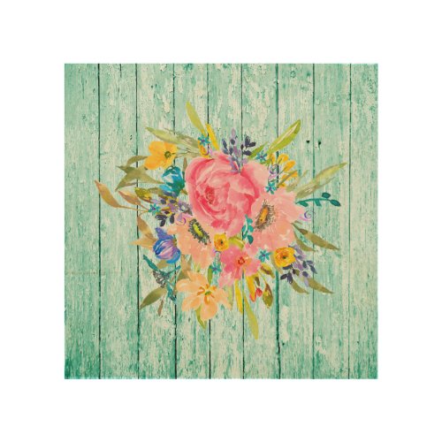 Watercolor Rose Floral Spray on Chippy Aqua Wood Wall Art
