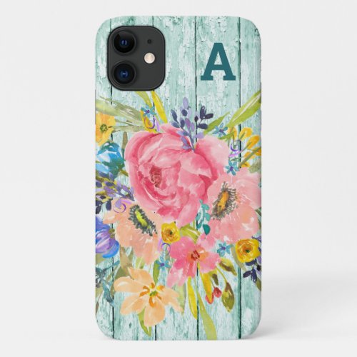 Watercolor Rose Floral Spray with Initial iPhone 11 Case