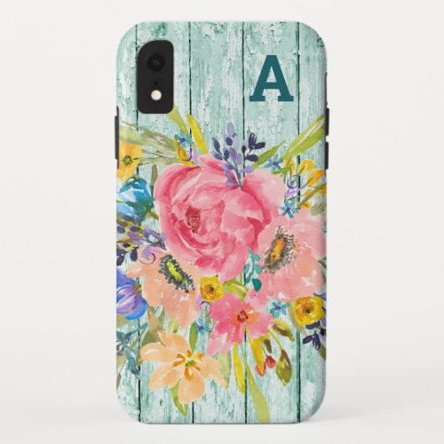 Watercolor Rose Floral Spray with Initial iPhone XR Case