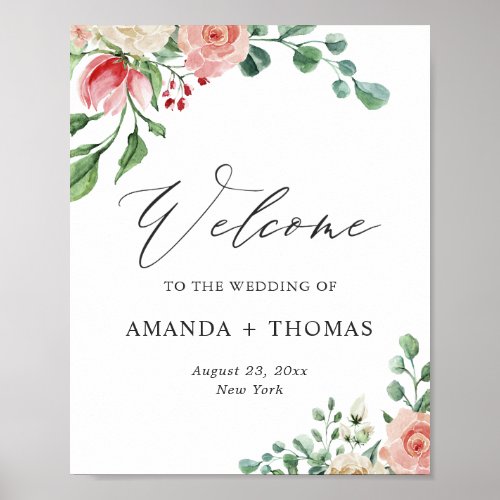 Watercolor Rose Floral Wedding Welcome Sign