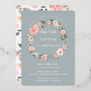 Watercolor Rose Floral Wreath Baptism 1st Birthday Foil Invitation