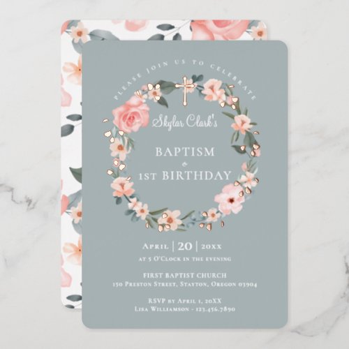 Watercolor Rose Floral Wreath Baptism 1st Birthday Foil Invitation