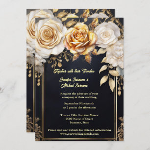 Watercolor rose flowers black gold elegant wedding invitation