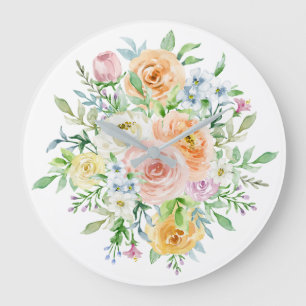 Watercolor Rose Flowers & Green Leaves Large Clock