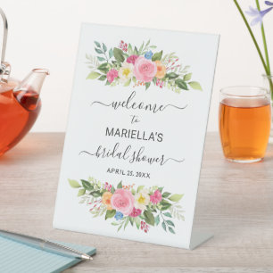 Watercolor Rose Garden Bridal Shower Welcome Pedestal Sign