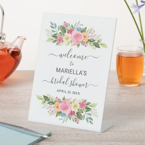 Watercolor Rose Garden Bridal Shower Welcome Pedestal Sign