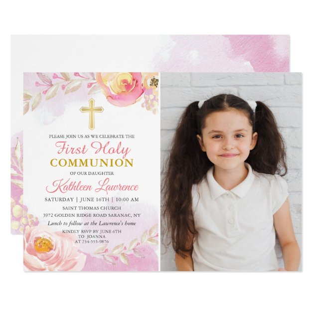 Watercolor Rose Garden First Holy Communion Photo Card