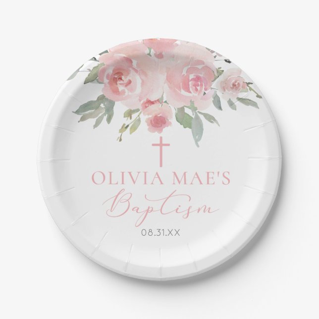 Watercolor Rose Garden Girl Baptism Paper Plates (Front)