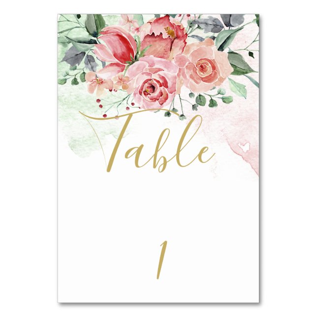 Watercolor Rose Garden Wedding Table Card (Front)