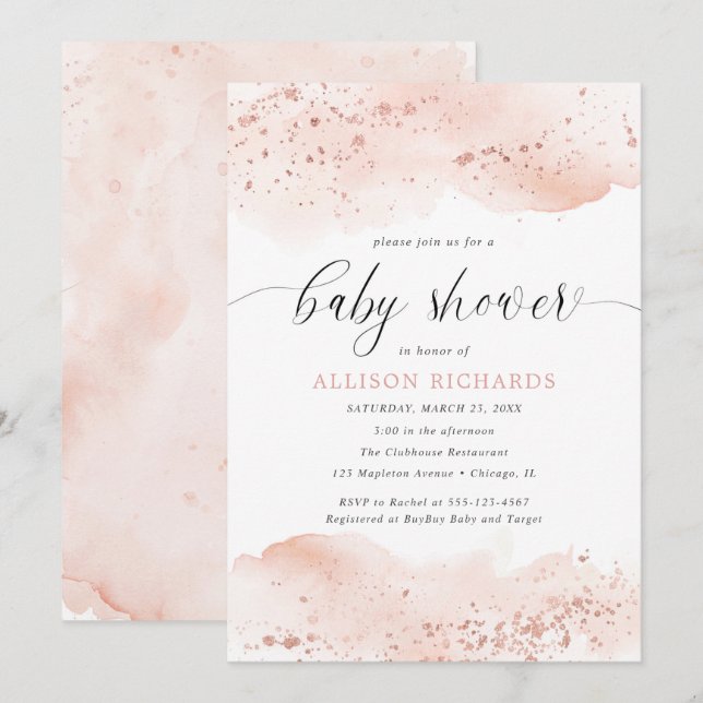 Watercolor rose gold blush pink girl baby shower invitation (Front/Back)