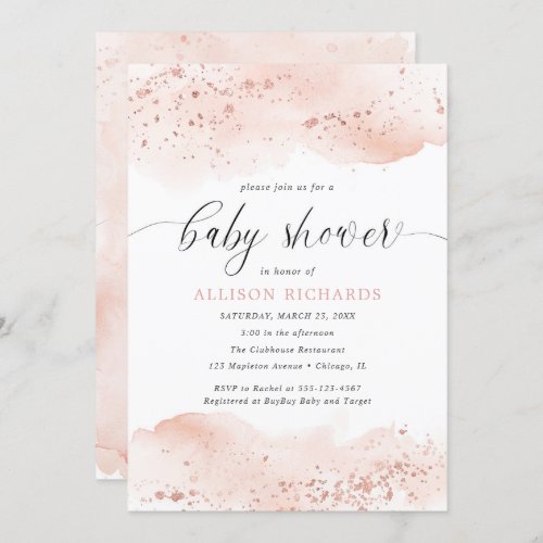 Watercolor rose gold blush pink girl baby shower invitation