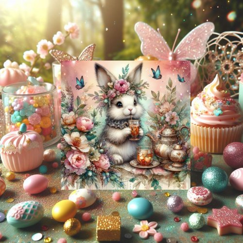 Watercolor Rose Gold Bunny Easter Tea Party  Holiday Card