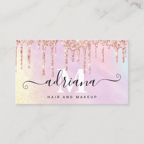 Watercolor rose gold glitter drips hair and makeup business card
