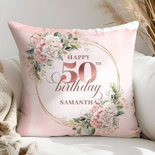 Watercolor Rose Gold Greenery 50th Birthday Keepsa Throw Pillow