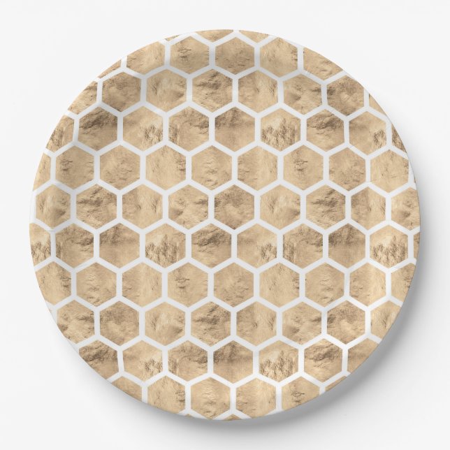 Watercolor rose gold honeycomb pattern paper plates (Front)