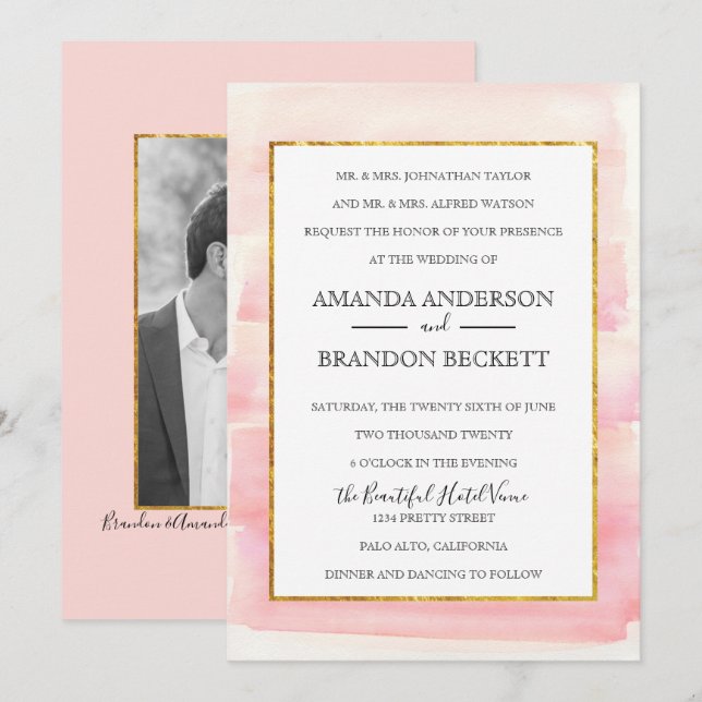 Watercolor Rose Gold Photo Wedding Invitation (Front/Back)