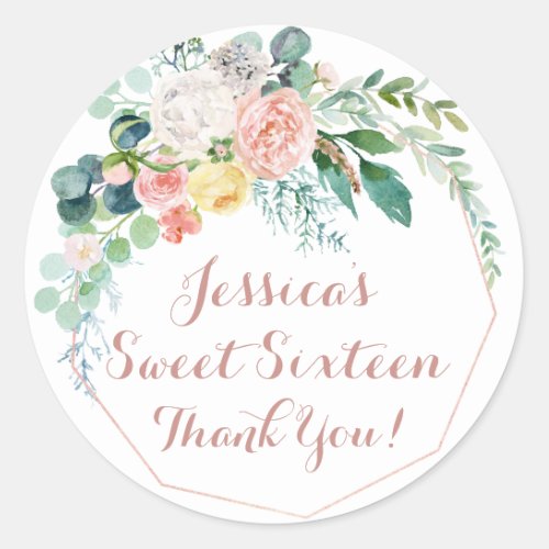 Watercolor Rose Gold Pink Glitter Sweet Sixteen Classic Round Sticker