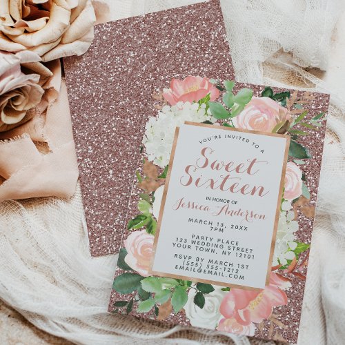 Watercolor Rose Gold Pink Glitter Sweet Sixteen In Invitation