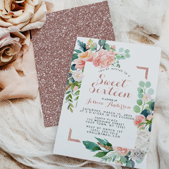 Watercolor Rose Gold Pink Glitter Sweet Sixteen Invitation by MaggieMart at Zazzle