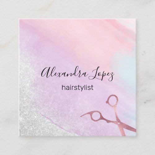 Watercolor rose gold scissors glitter hairstylist square business card