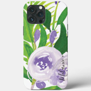 Watercolor Rose Greenery Purple Script Name  iPhone 13 Pro Max Case
