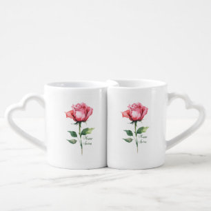 Watercolor Rose Heart Handle Love Couple Mug Set