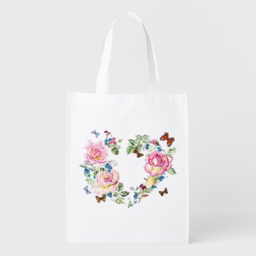 Watercolor Rose Heart Wreath Reusable Grocery Bag