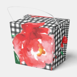 Watercolor Rose on Black White Check Take Out Favor Boxes