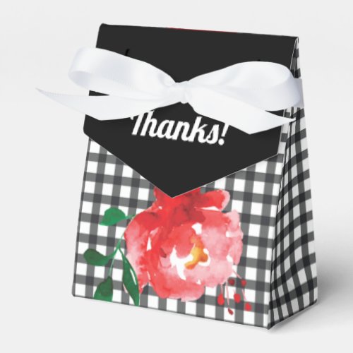 Watercolor Rose on Black White Check Tent Style Favor Boxes