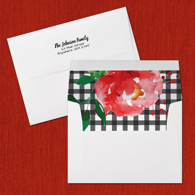 Watercolor Rose on Gingham Pattern Envelope (Watercolor red rose on black and white gingham printed lining envelope, FREE return address printing)