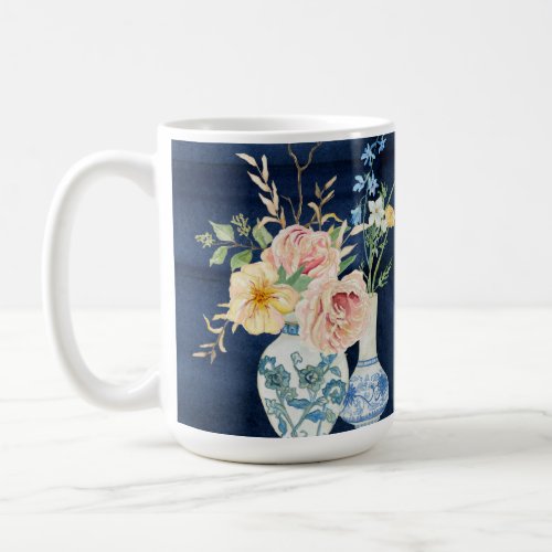 Watercolor Rose Peony Flowers Navy Blue Wood Coffee Mug