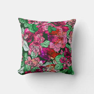 Watercolor Rose Pink Burgundy Red Garden Flowers Throw Pillow