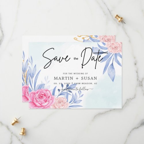 Watercolor Rose Pink Cloudy Blue Leaves Wedding Save The Date