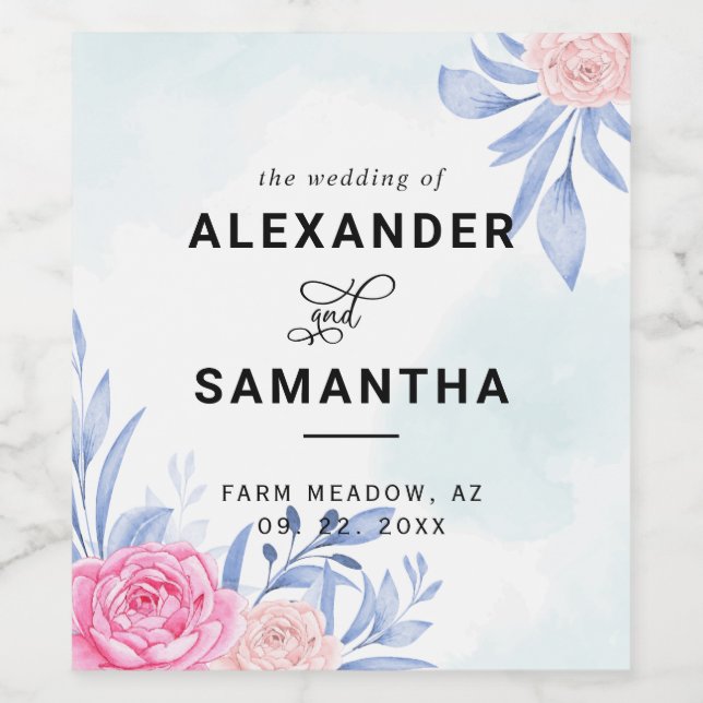 Watercolor Rose Pink Cloudy Blue Leaves Wedding Wine Label (Single Label)