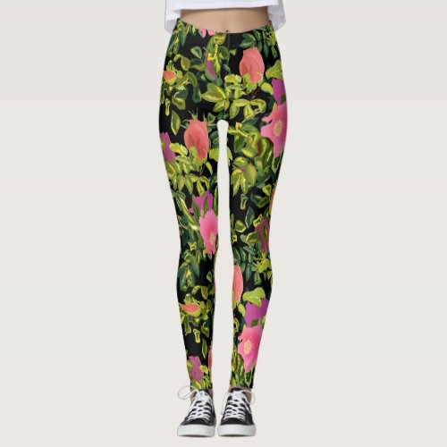 Watercolor rose pink flowers botanical floral retr leggings