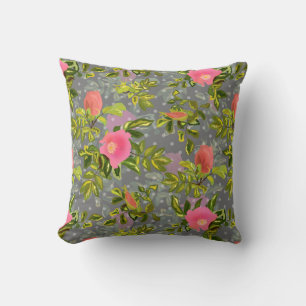 Watercolor rose pink flowers botanical floral retr throw pillow