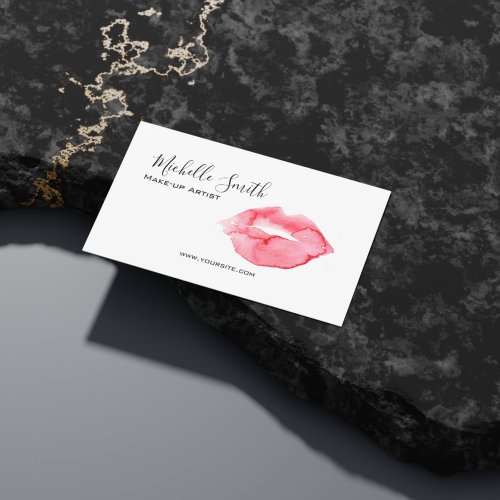 Watercolor rose pink lips makeup branding business card