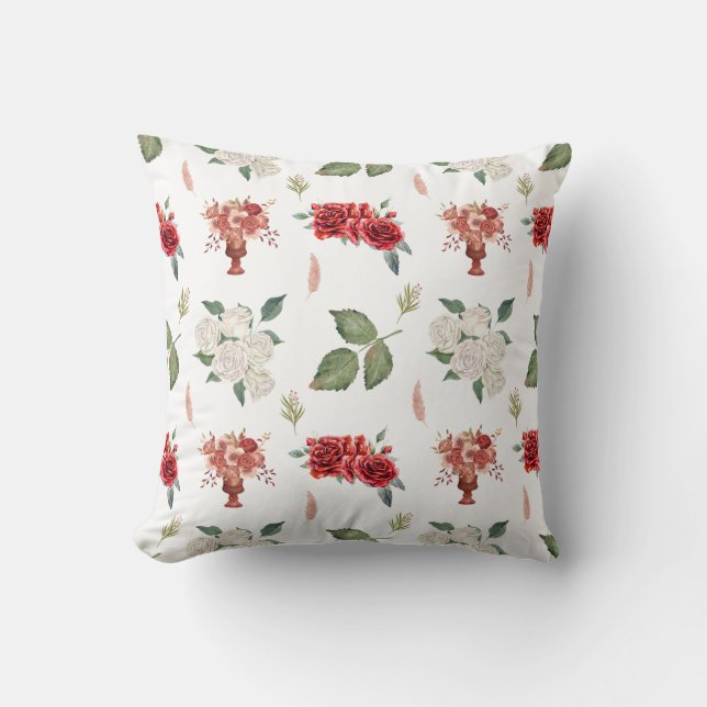 Watercolor Rose Print Pattern Throw Pillow (Front)