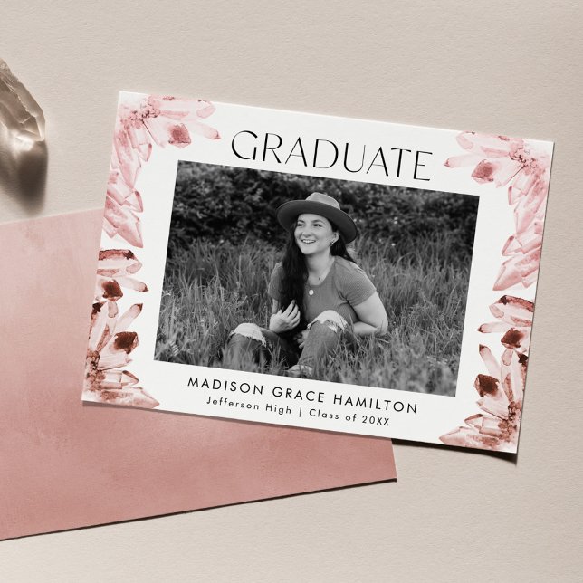Watercolor Rose Quartz Crystals Photo Graduation Announcement (Creator Uploaded)
