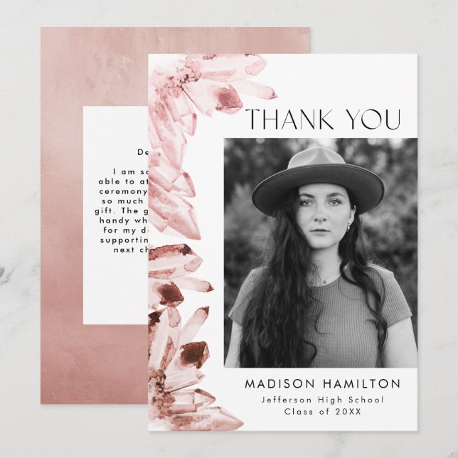 Watercolor Rose Quartz Crystals Photo Graduation Thank You Card (Front/Back)