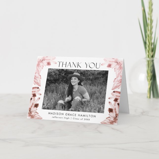 Watercolor Rose Quartz Crystals Photo Graduation Thank You Card (Front)